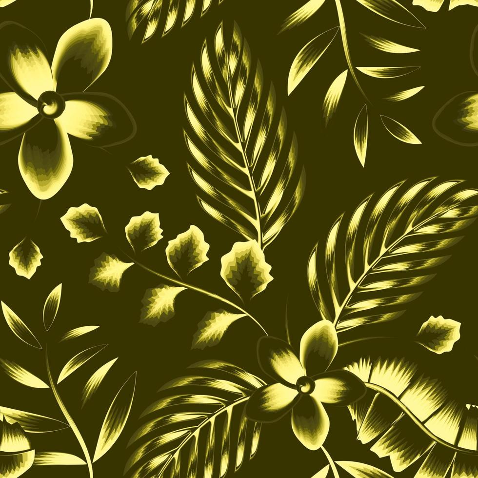 wijnoogst frangipani bloemen met elegantie geel kleur tropisch banaan palm bladeren en gebladerte in monochromatisch elegant Aan pastel achtergrond. vector prints ontwerp. modieus kleding stof textuur. zomer