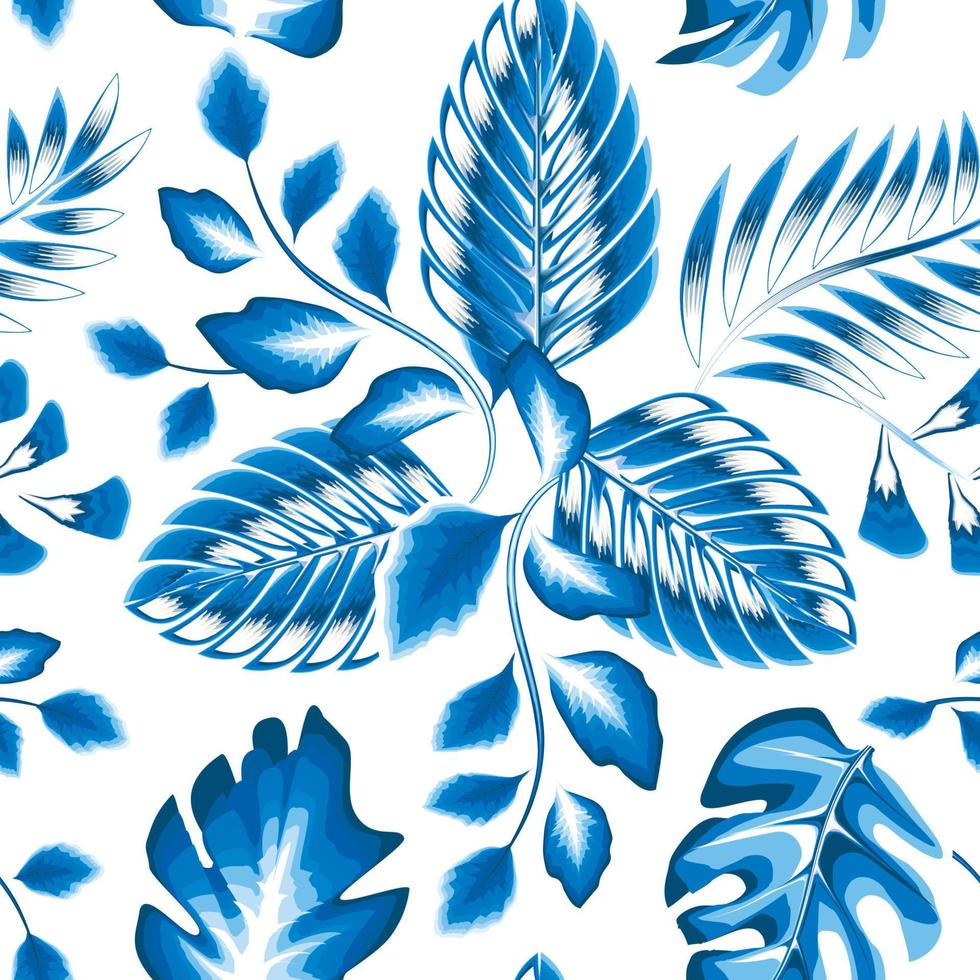 naadloos tropisch patroon met blauw monochromatisch kleur stijl bladeren en planten. naadloos exotisch patroon met tropisch planten. exotisch behang. modieus zomer Hawaii afdrukken. strand zomer themed vector