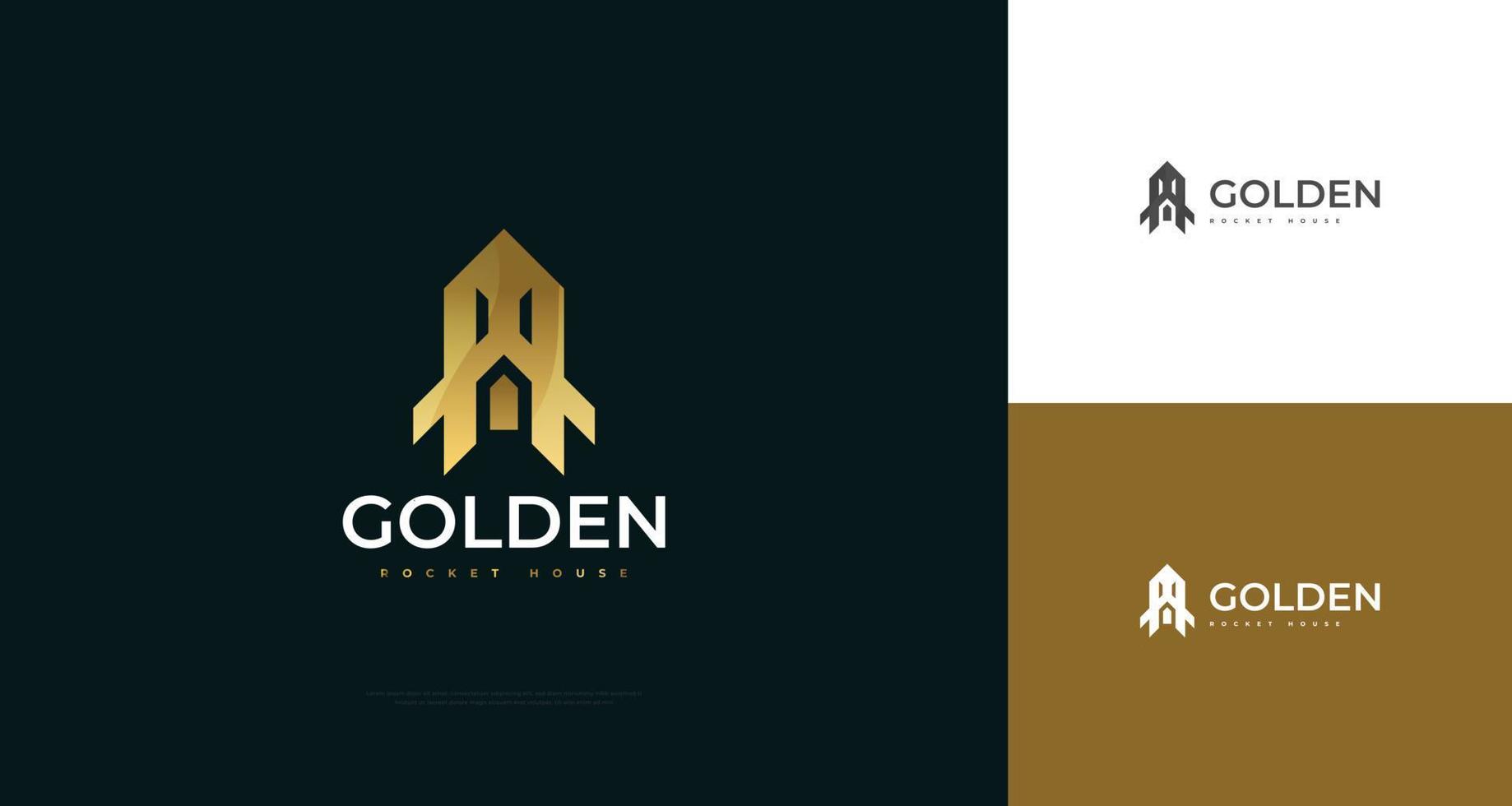 gouden raket huis logo ontwerp. luxe huis logo, geschikt voor echt landgoed, bouw en bouwkundig industrie logos vector