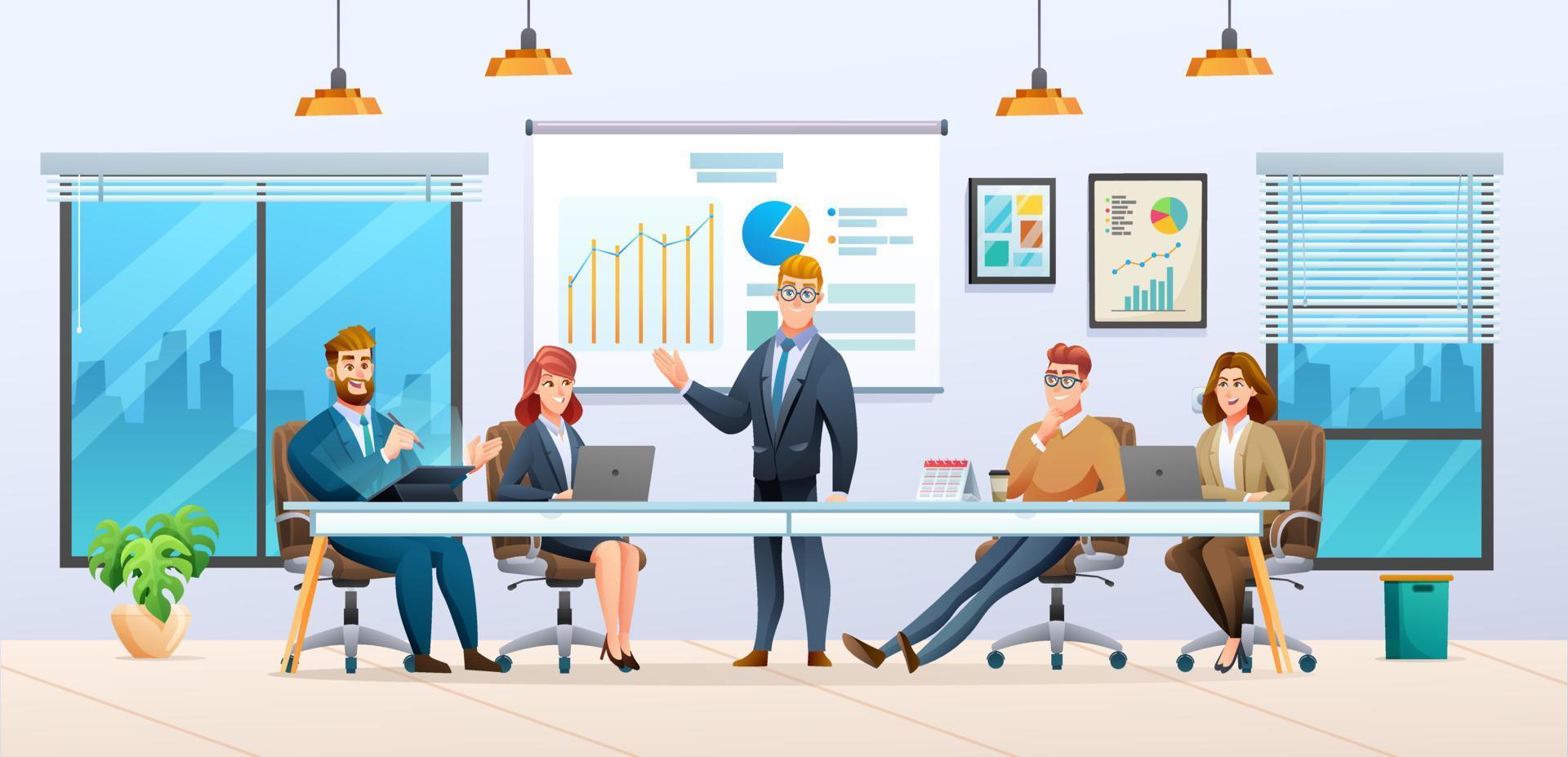 zakelijke bedrijf team en manager bespreken een bedrijf strategie in kantoor illustratie vector