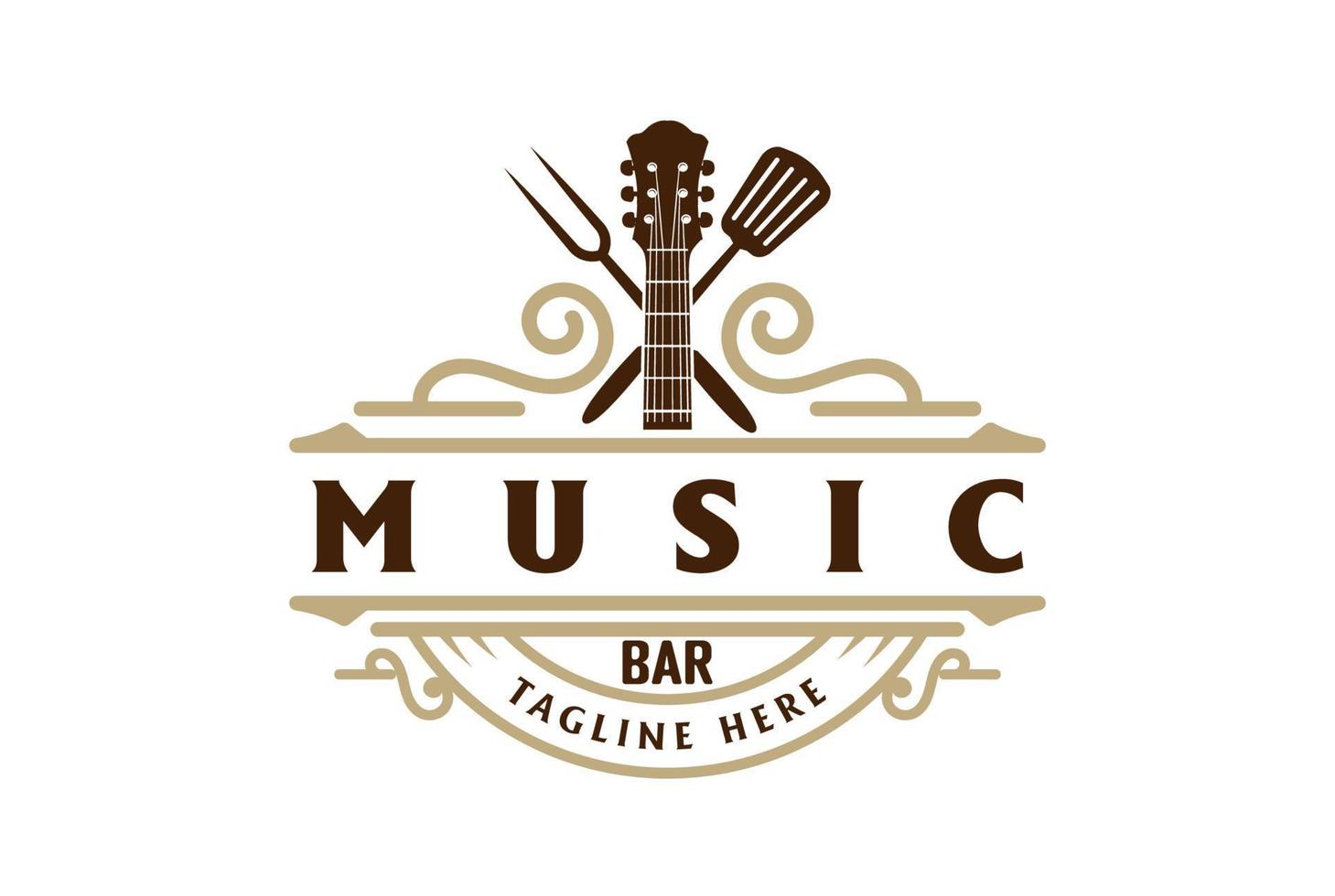retro wijnoogst gitaar met gekruiste vork en spatel voor bar cafe muziek- insigne embleem logo ontwerp vector