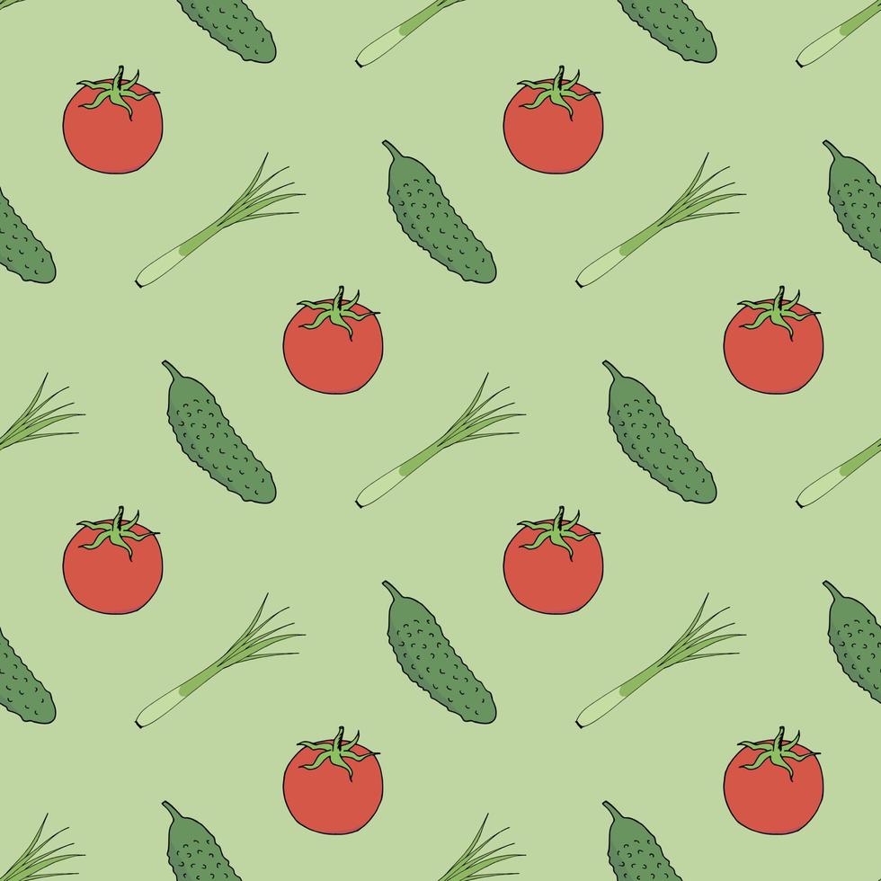 naadloos patroon met tomaat, komkommer en groen ui Aan licht groen achtergrond. vector afbeelding.