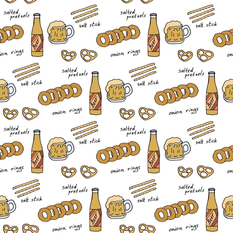 naadloos patroon met bier fles en snacks Aan wit achtergrond. vector afbeelding.