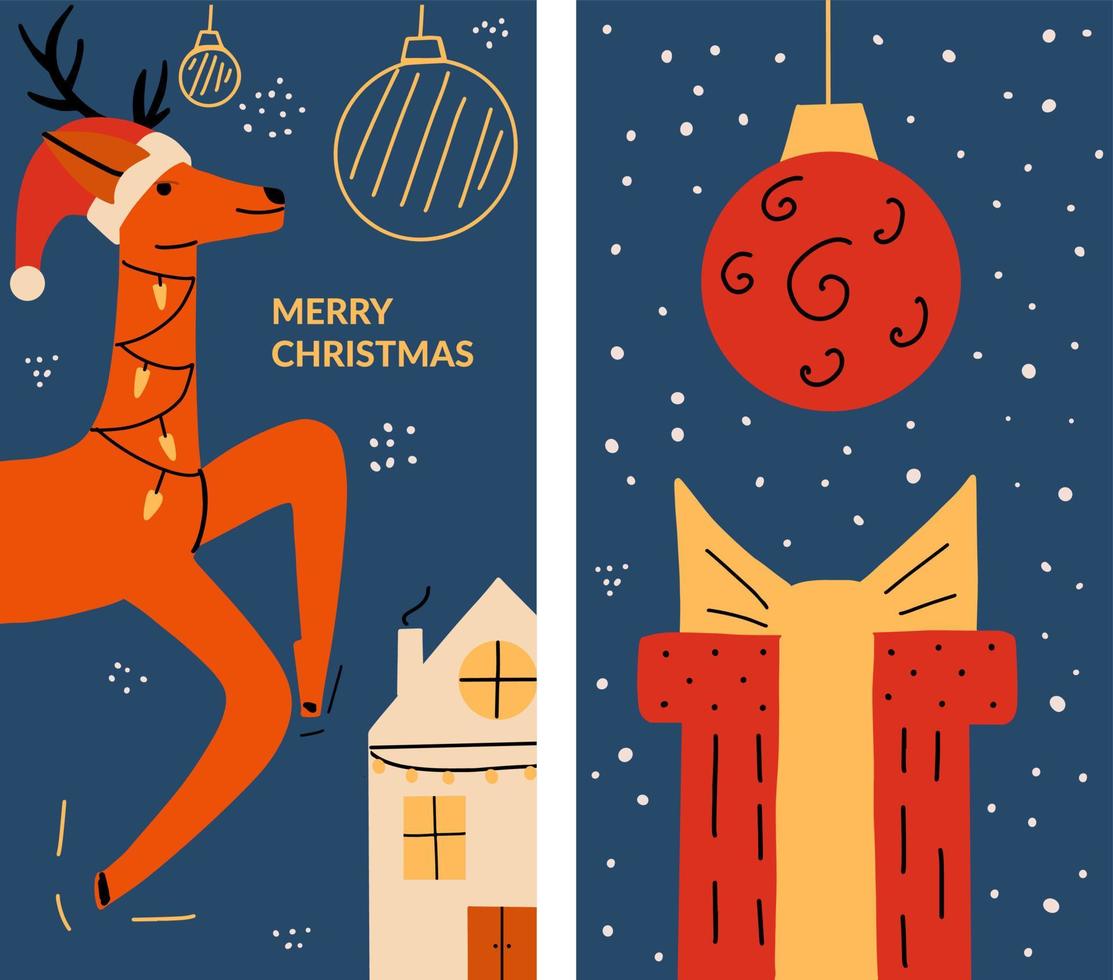Kerstmis kaarten met nieuw jaar hert, geschenk, ballen. ontwerp sjabloon, folder. vector illustratie in vlak stijl