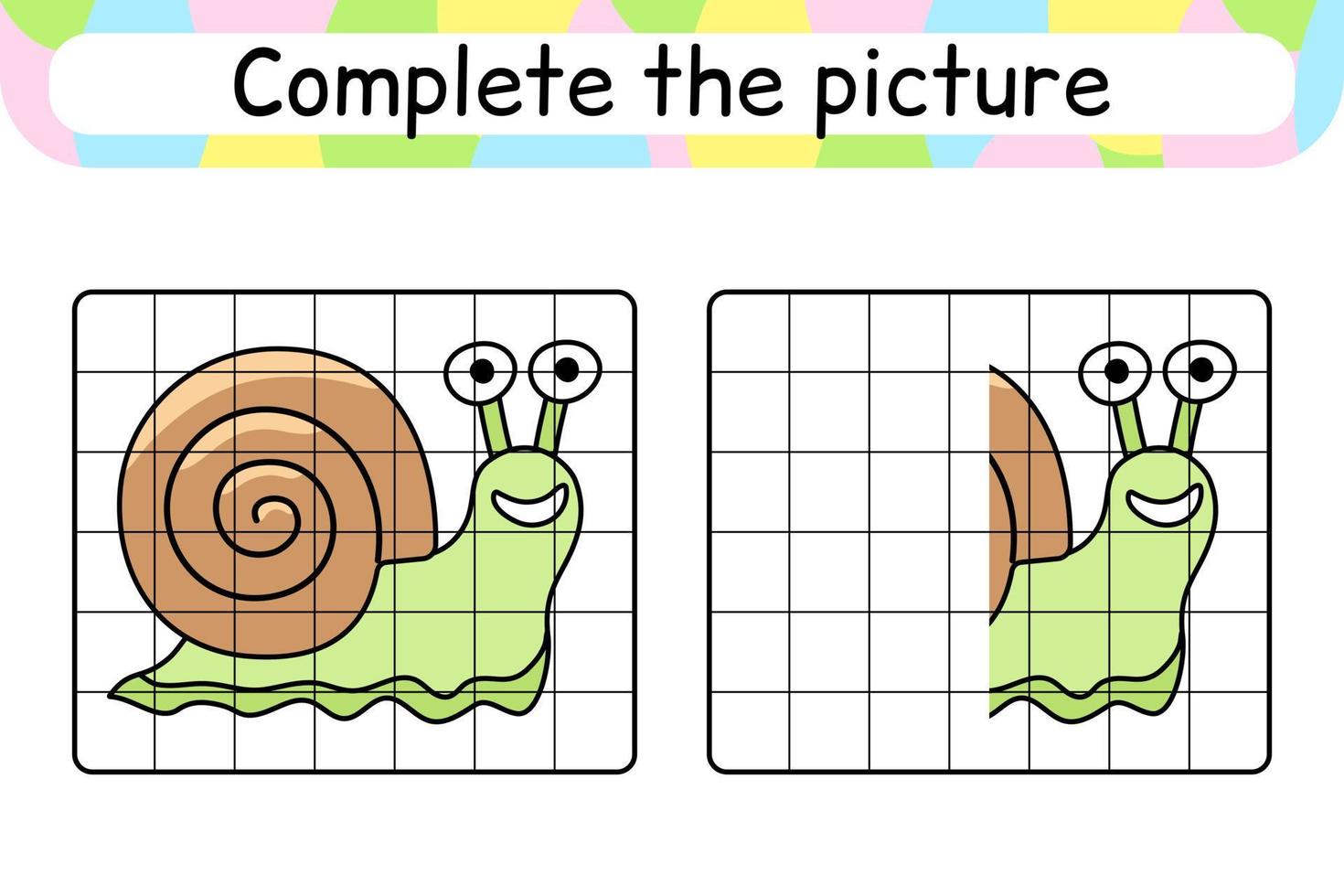 maak de foto slak compleet. kopieer de afbeelding en kleur. maak het beeld af. kleurboek. educatief tekenoefenspel voor kinderen vector