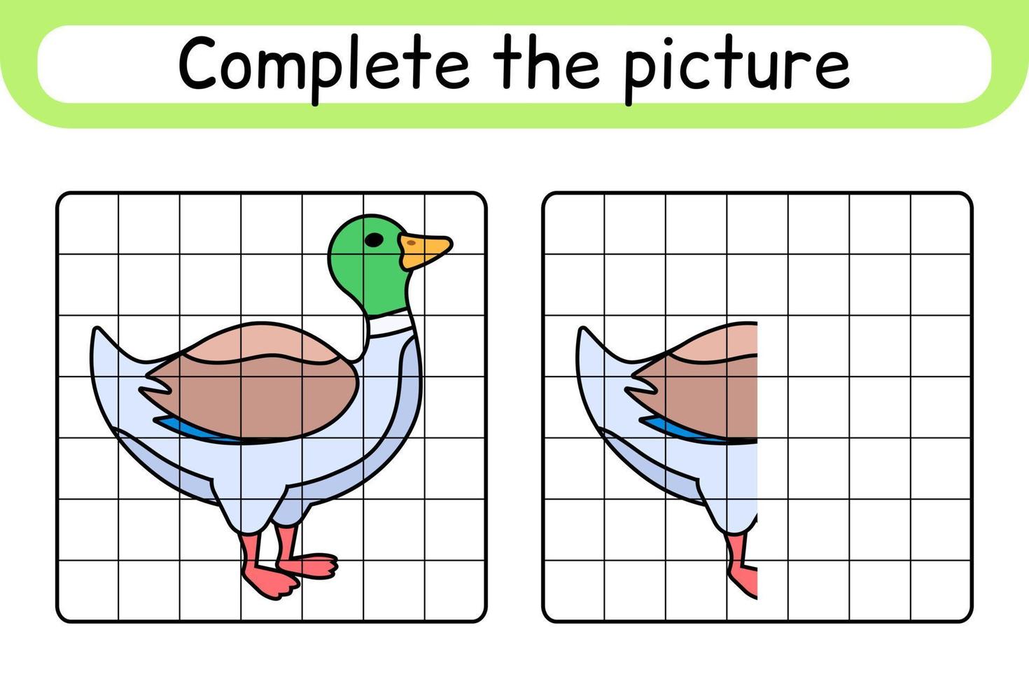 maak het plaatje eend compleet. kopieer de afbeelding en kleur. maak het beeld af. kleurboek. educatief tekenoefenspel voor kinderen vector