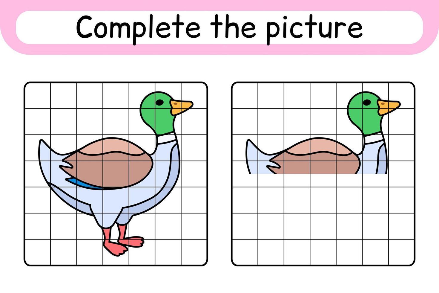 maak het plaatje eend compleet. kopieer de afbeelding en kleur. maak het beeld af. kleurboek. educatief tekenoefenspel voor kinderen vector