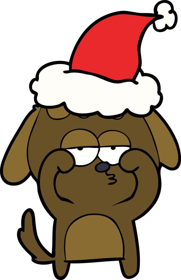 lijntekening van een vermoeide hond met een kerstmuts vector