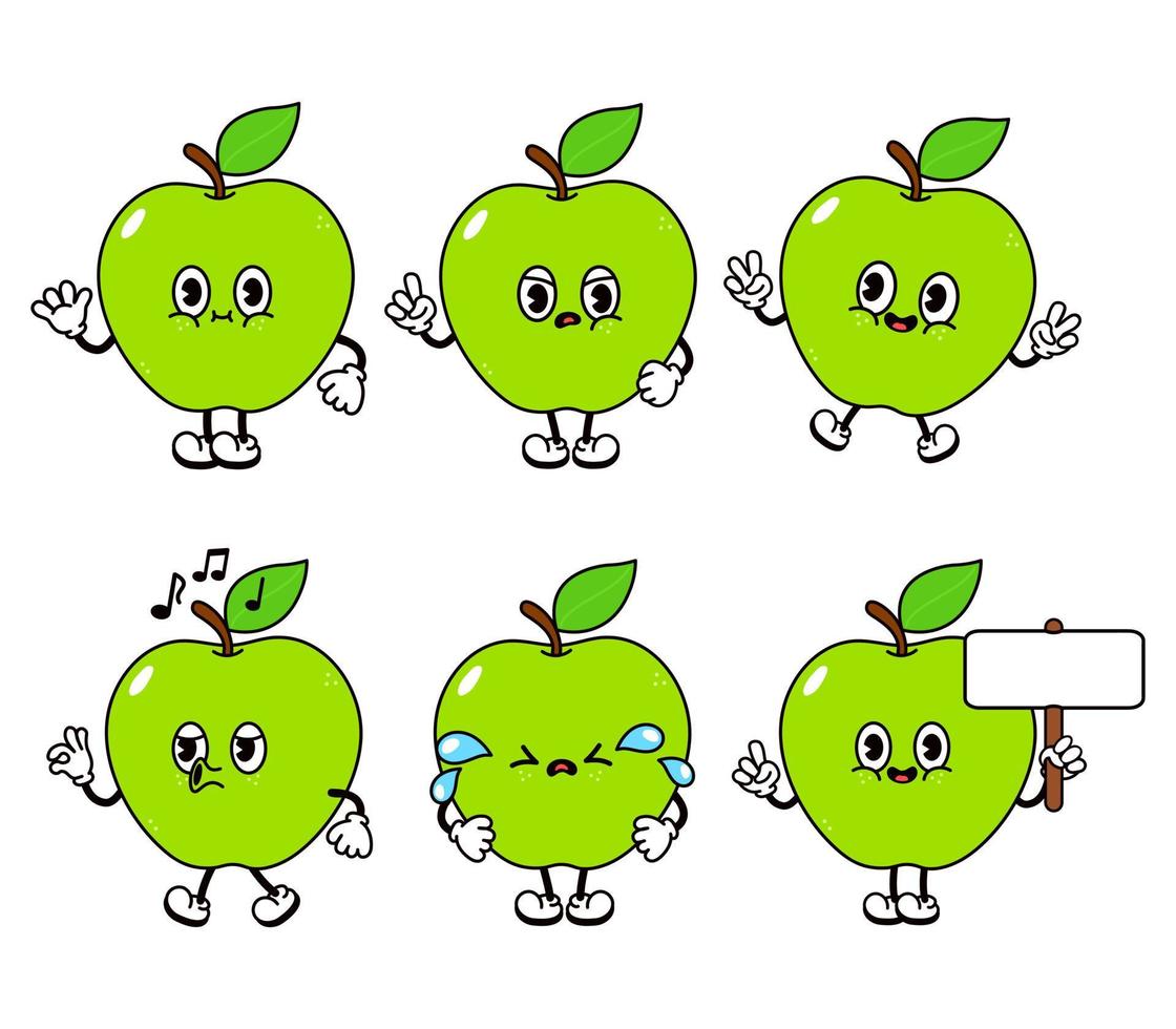 grappig schattig appel tekens bundel set. vector hand- getrokken tekening stijl traditioneel tekenfilm vintage, retro karakter illustratie icoon ontwerp. geïsoleerd wit achtergrond. gelukkig appel