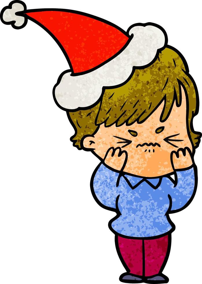 getextureerde tekenfilm van een gefrustreerd vrouw vervelend de kerstman hoed vector