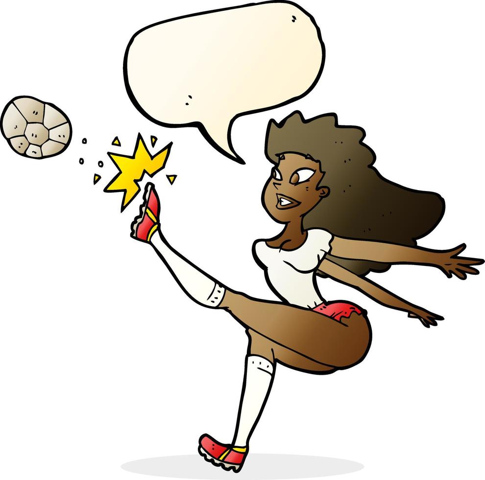 tekenfilm vrouw voetbal speler schoppen bal met toespraak bubbel vector