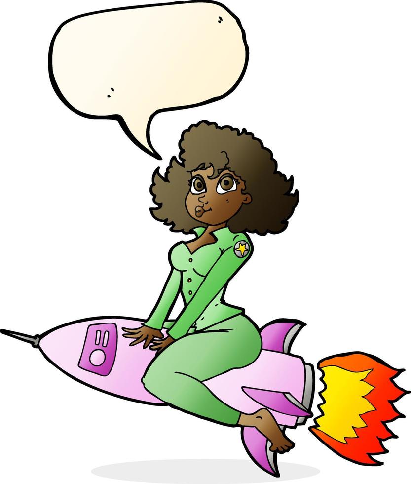 tekenfilm leger pin omhoog meisje rijden raket met toespraak bubbel vector
