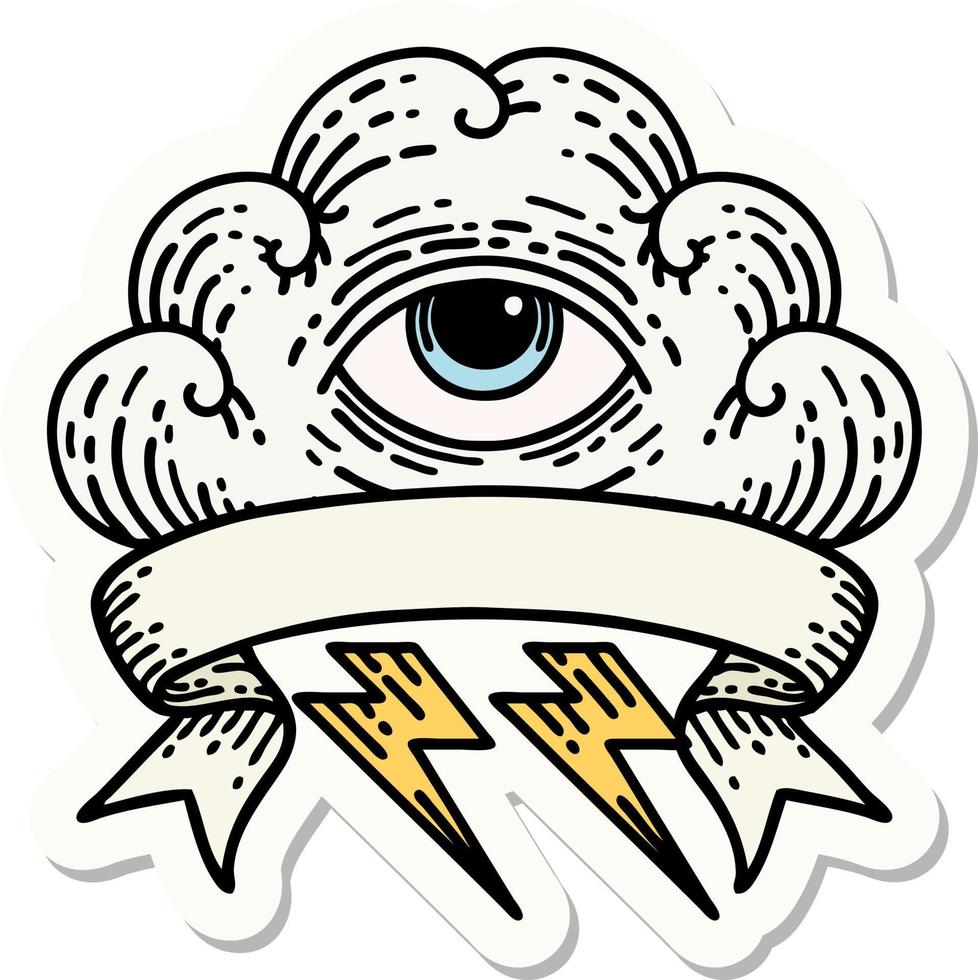 tatoeëren stijl sticker met banier van een allemaal zien oog wolk vector