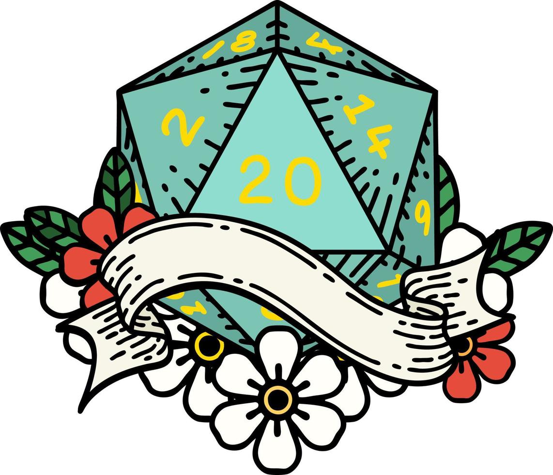 retro tatoeëren stijl natuurlijk twintig d20 Dobbelsteen rollen vector