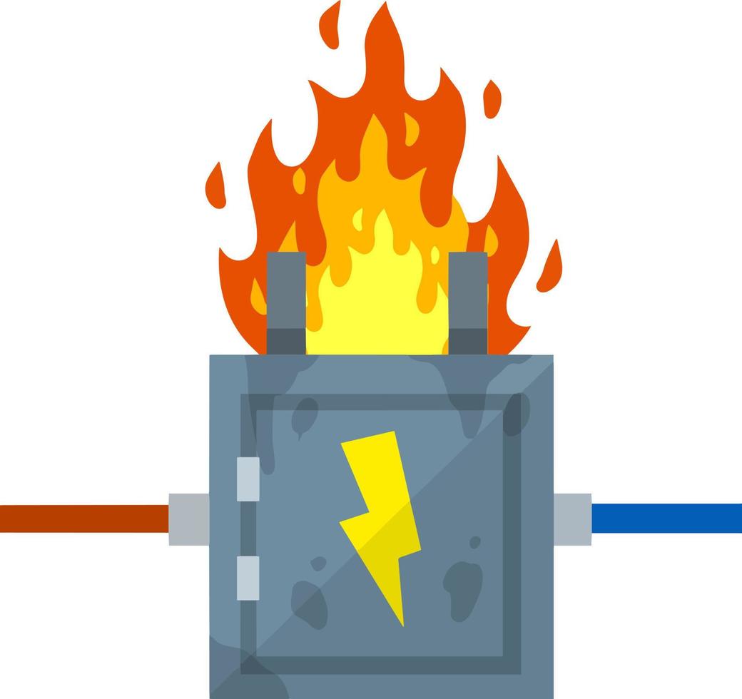 beschadigd schakelbord. cartoon vlakke afbeelding. zekering en elektrotechniek. gevaarlijke situatie - brand. hoogspanningssensor. elektrische draden in doos. technisch industrieel apparaat vector