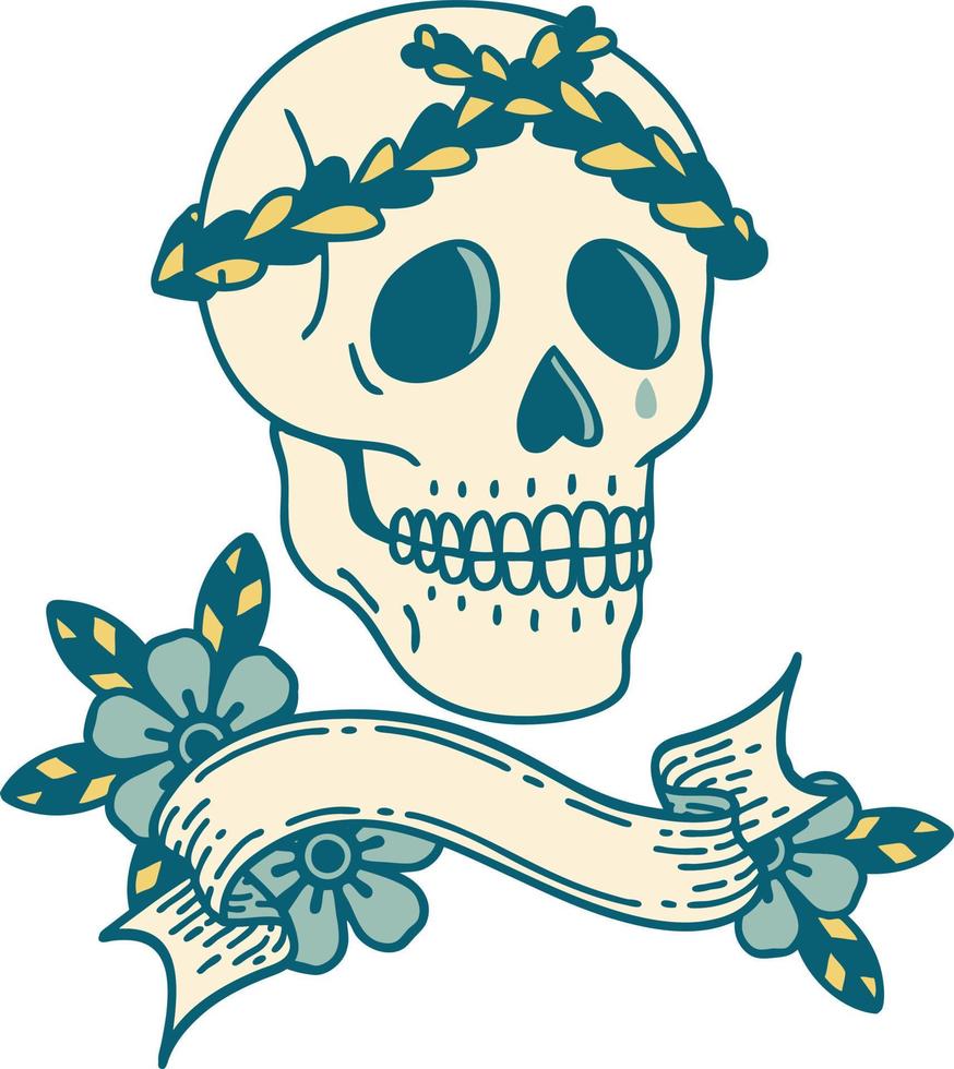 traditioneel tatoeëren met banier van een schedel met laurier krans kroon vector