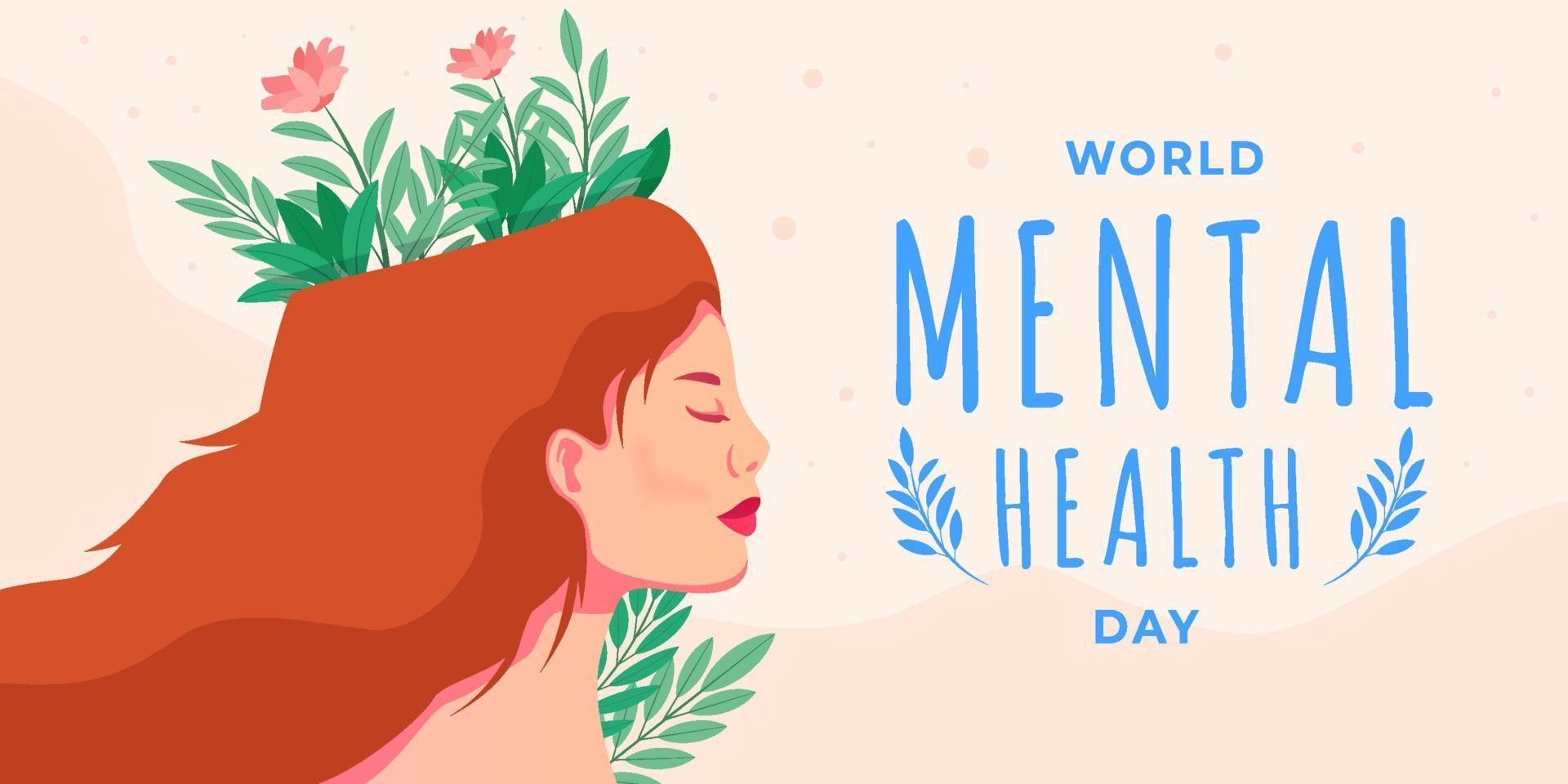 creatief wereld mentaal Gezondheid banier illustratie met vrouw hoofden bloemen binnen vector