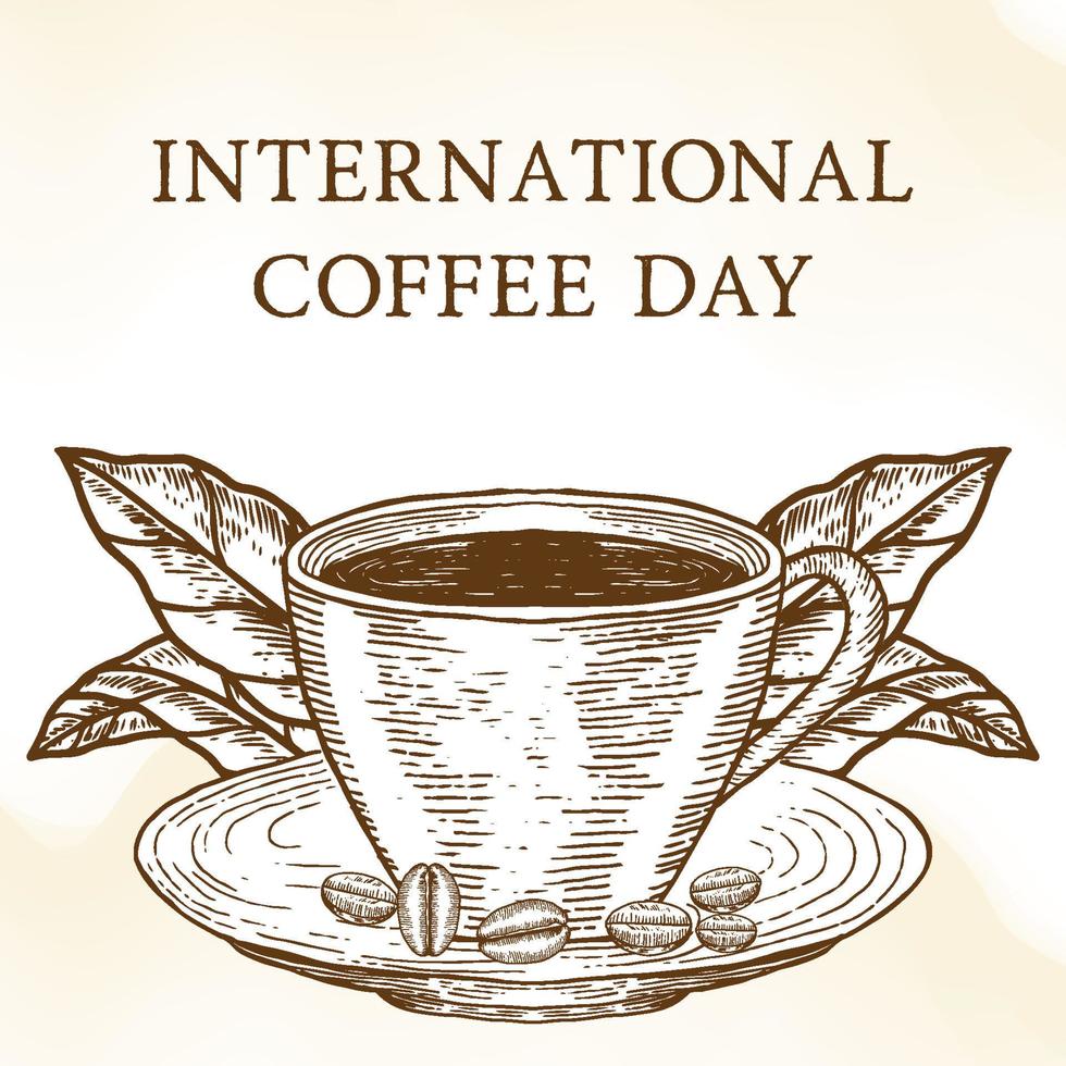hand- getrokken Internationale koffie dag illustratie met cups van koffie, bladeren, en Boon koffie vector