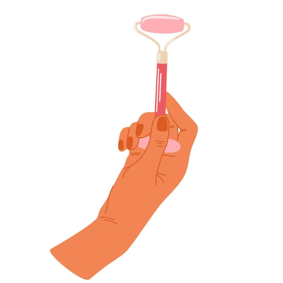 vrouwen handen Holding kunstmatig Product. kwarts gezicht rol, gua sha schraper. gelaats massage. dagelijks huid zorg routine- en hygiëne concept. vector illustratie