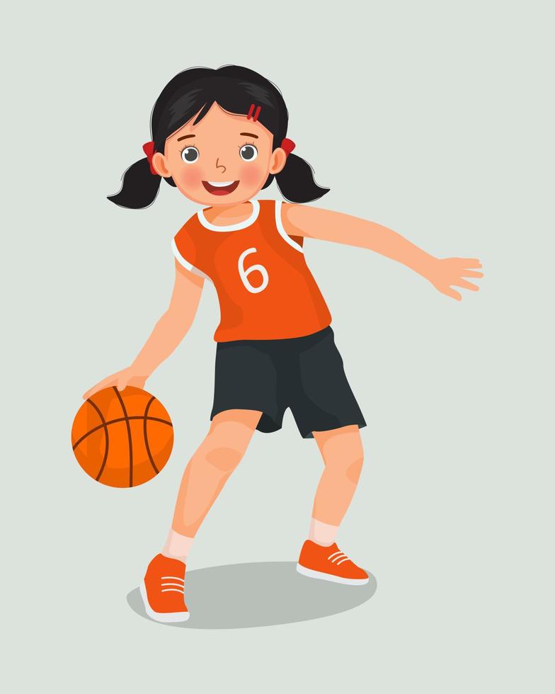 schattig weinig meisje met sportkleding spelen basketbal dribbelen de bal in actie vector