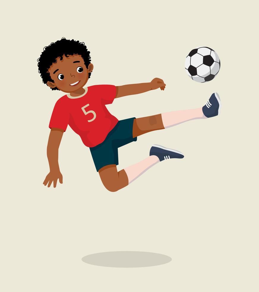 schattig weinig Afrikaanse jongen spelen voetbal jumping hoog schoppen de Amerikaans voetbal naar maken een doel vector