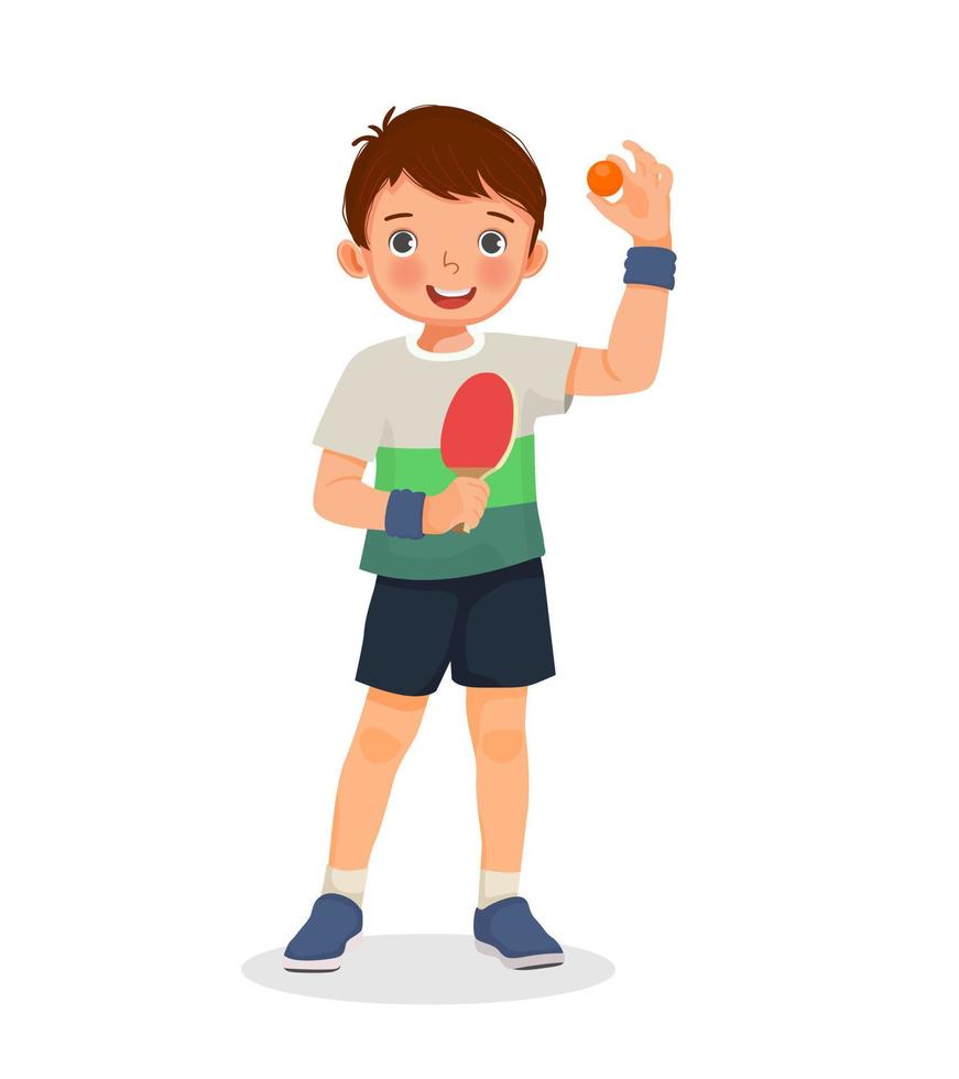 schattig weinig jongen tafel tennis speler Holding ping pong bal met peddelen klaar naar Speel vector