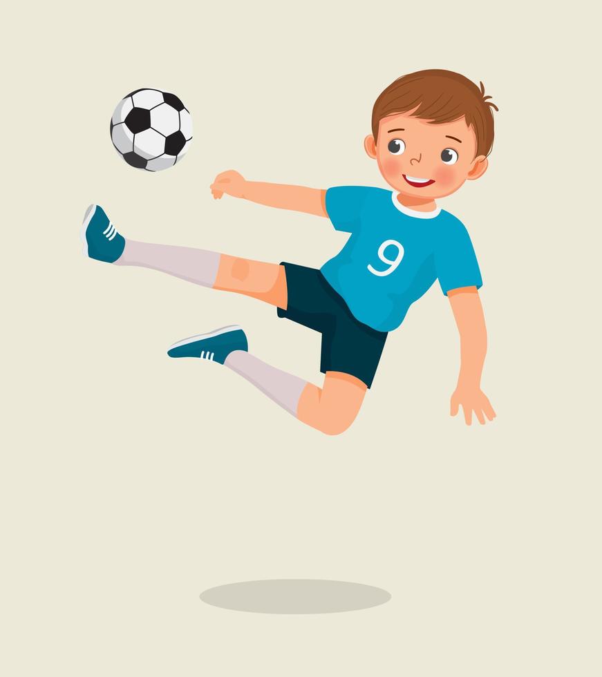 schattig weinig jongen spelen voetbal jumping hoog schoppen de Amerikaans voetbal naar maken een doel vector