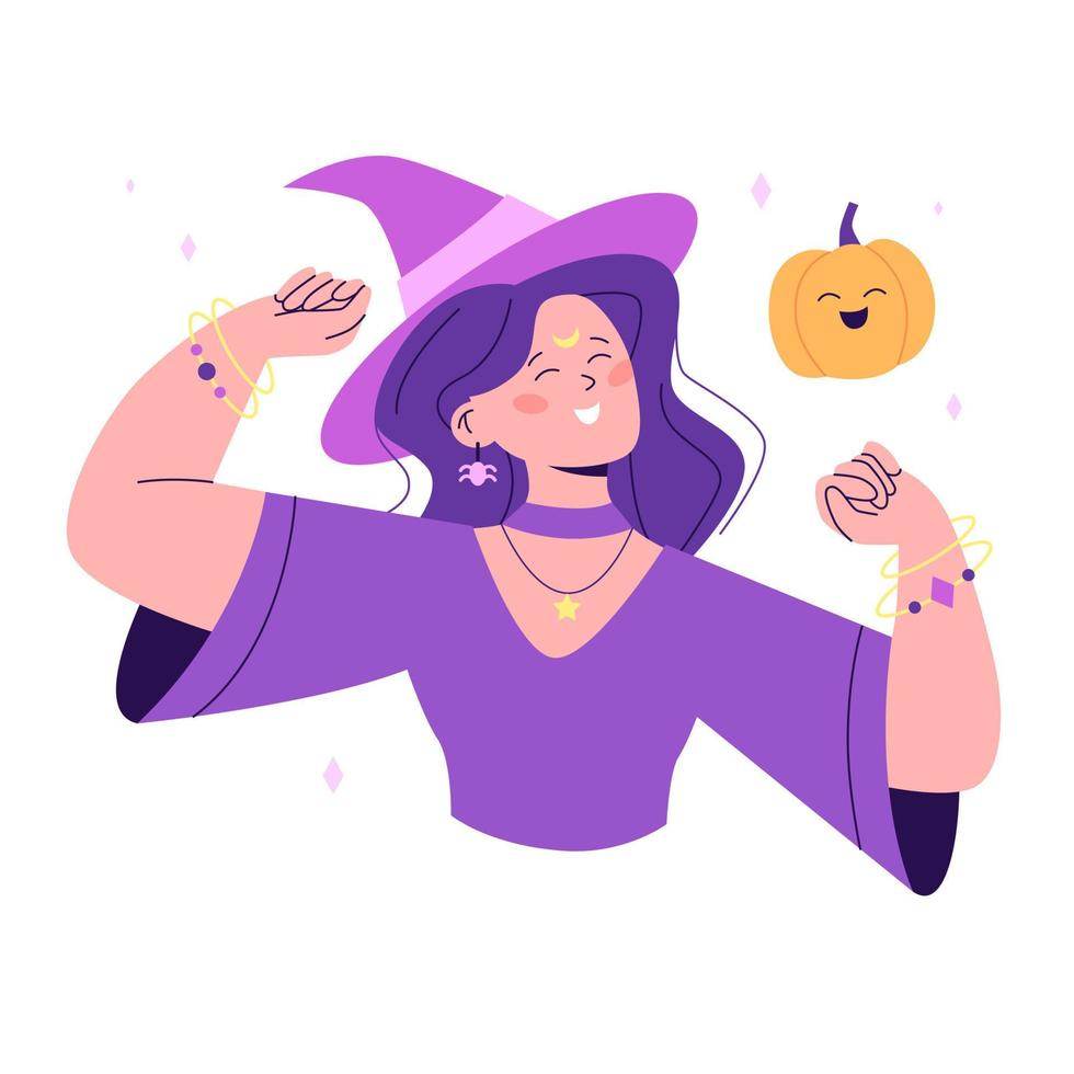 halloween schattig heks. glimlachen vrouw karakter in de halloween kostuum met pompoen. vlak vector modern illustratie.