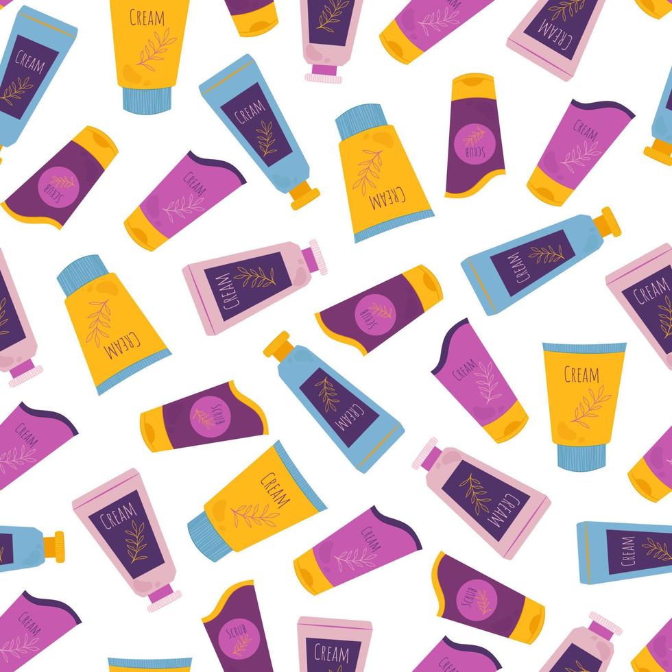 potten en buizen met schoonheidsmiddelen naadloos patroon. lichaam zorg cosmetica. vector illustratie in vlak stijl