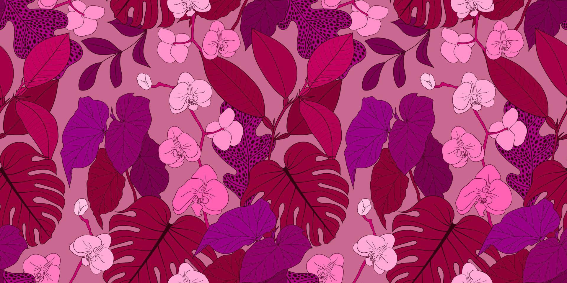 vector naadloos roze banier met bloeiend orchideeën en kleurrijk tropisch planten