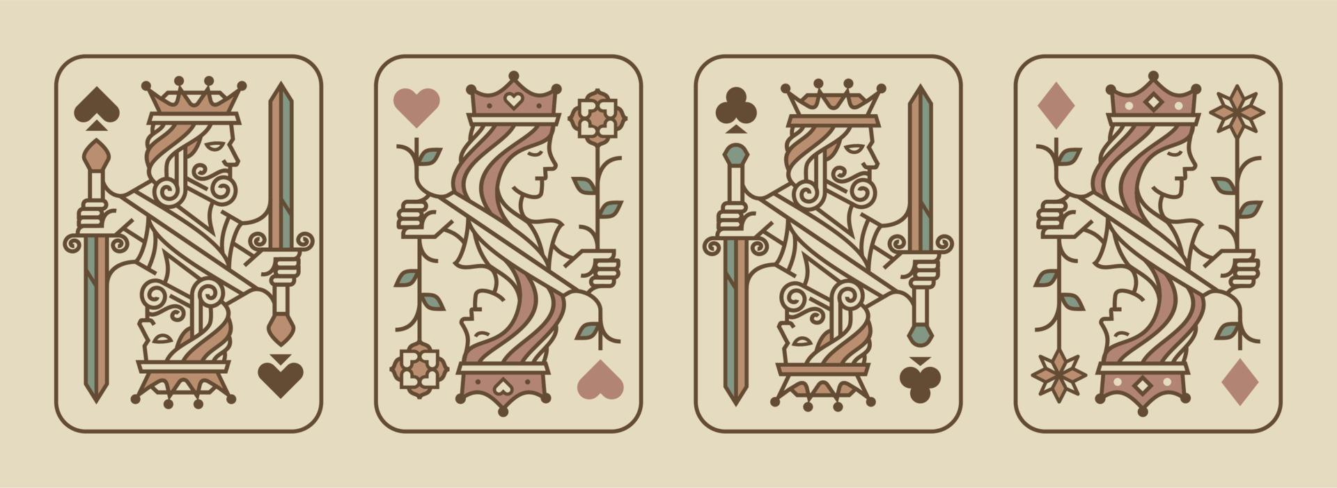 reeks van koning en koningin spelen kaart vector illustratie reeks van harten, spade, diamant en club, Koninklijk kaarten ontwerp verzameling