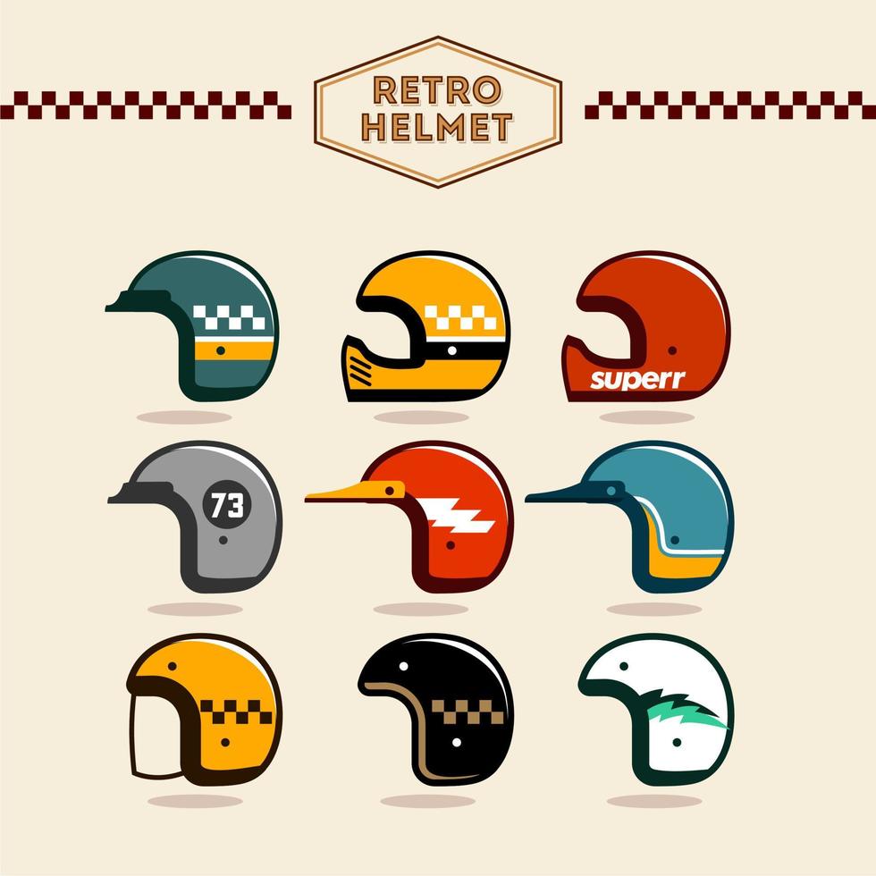 wijnoogst motorfiets helm vector set. koel retro helmen verzameling vector in divers kleur regeling. Op maat cultuur helm ontwerp.