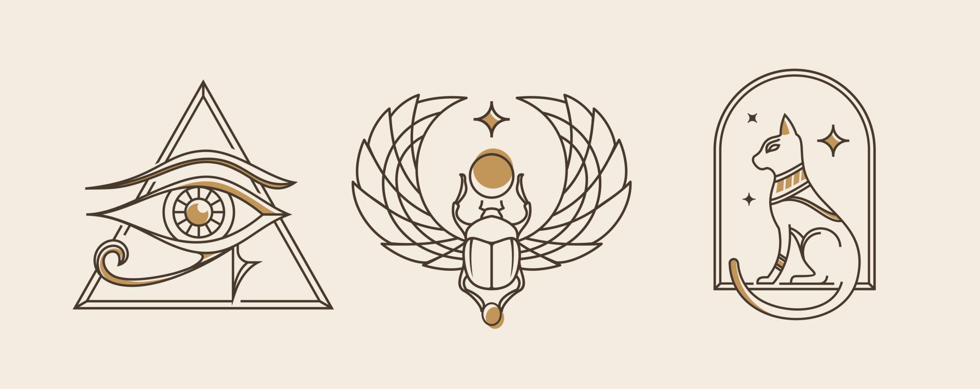 oude Egypte wijnoogst kunst hipster lijn kunst illustratie vector met oog van hoera, heilig scarabee en kat, oud school- tatoeëren stijl artwork verzameling set.