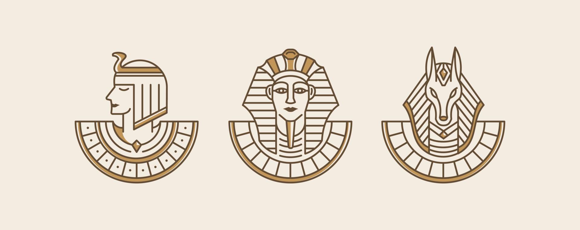 Cleopatra, Farao en Anubis oude Egypte god wijnoogst kunst hipster lijn kunst illustratie vector. wijnoogst artwork lineair stijl verzameling set. behang kunst van Egypte goden. vector