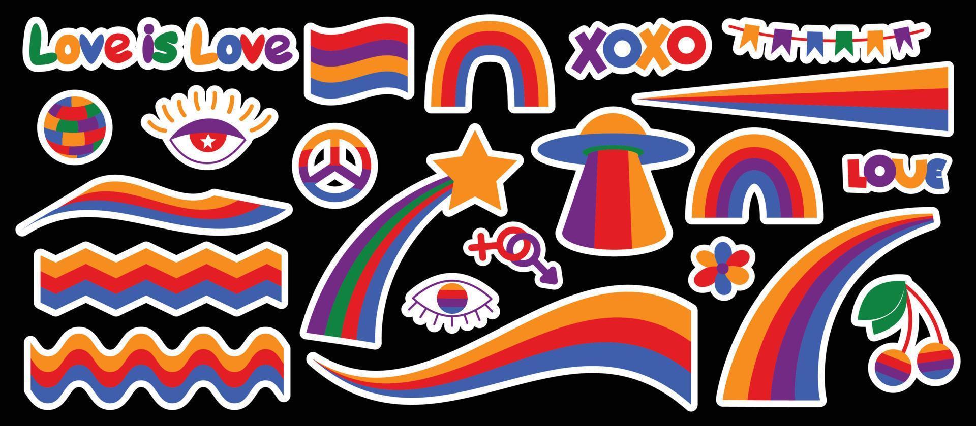 set hipster retro coole regenboog psychedelische elementen. een verzameling groovy cliparts uit de jaren 70. abstract ontwerp van cartoonstickers. trend vector illustratie