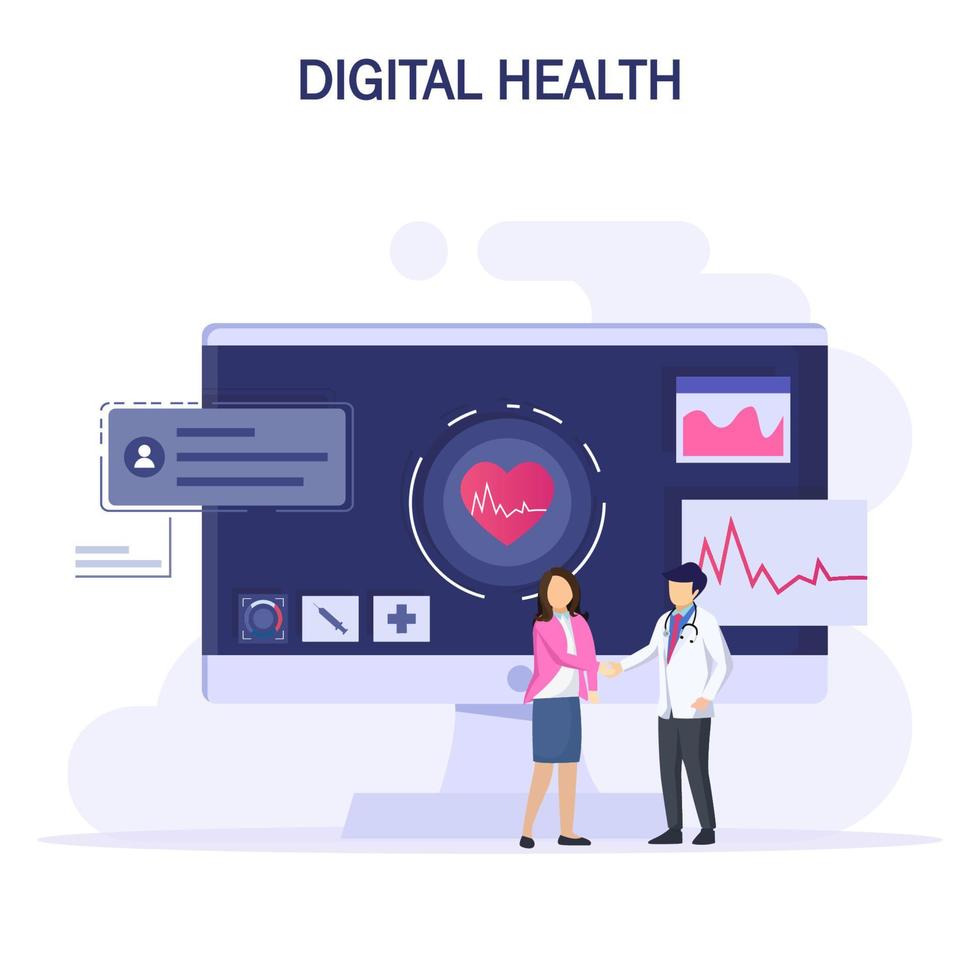 digitaal Gezondheid concept. dokter looks Bij de patiënten elektronisch tabel Aan de elektronisch gadgets. Gezondheid zorg concept. vector