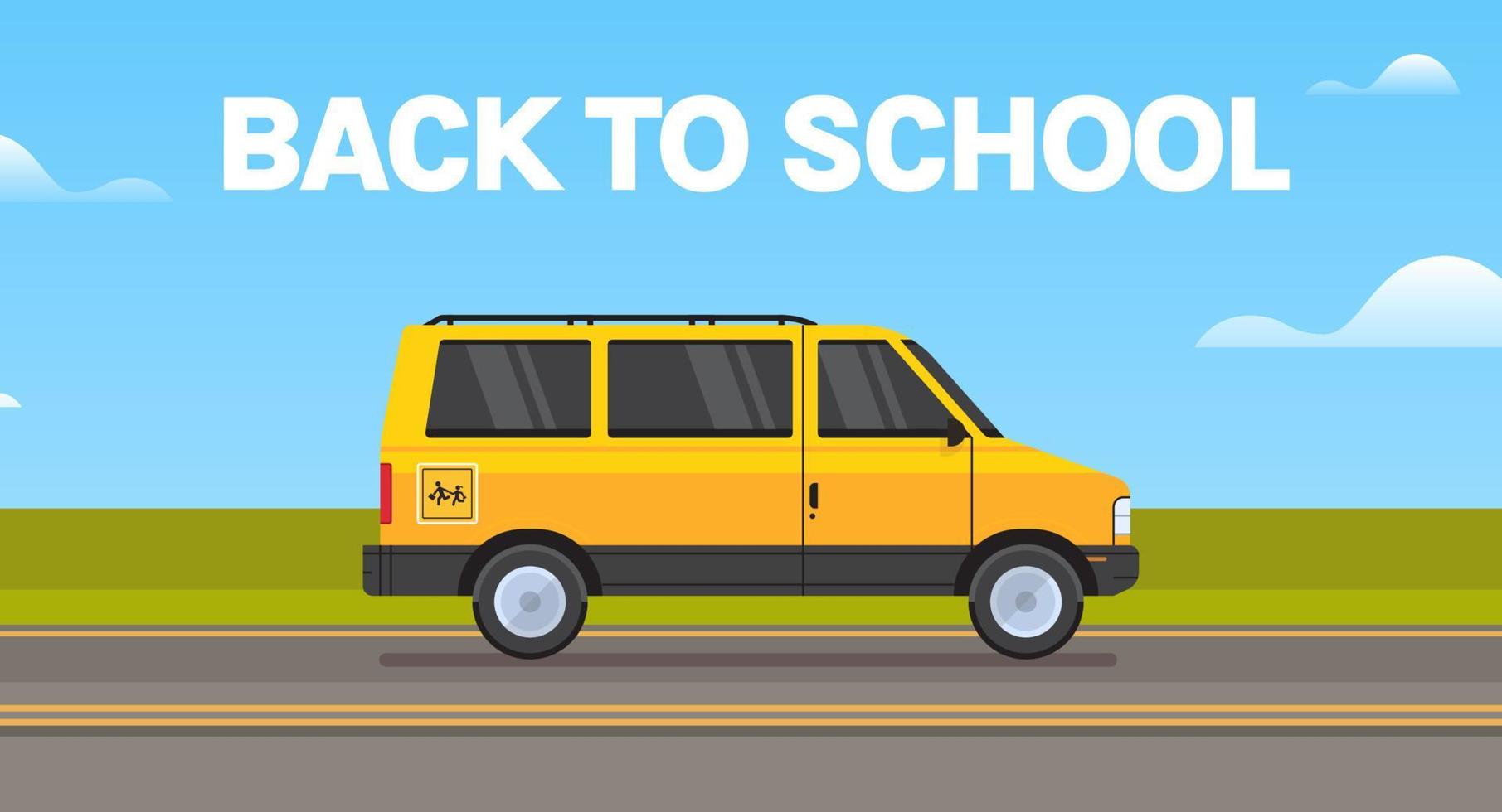 geel school- bus vervoer en terug naar school- leerlingen kinderen vervoer concept horizontaal vlak vector illustratie.