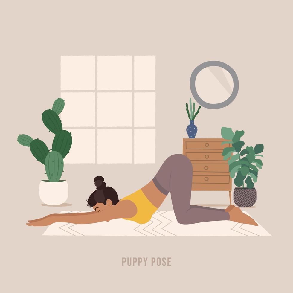 puppy yoga houding. jong vrouw beoefenen yoga houding. vector