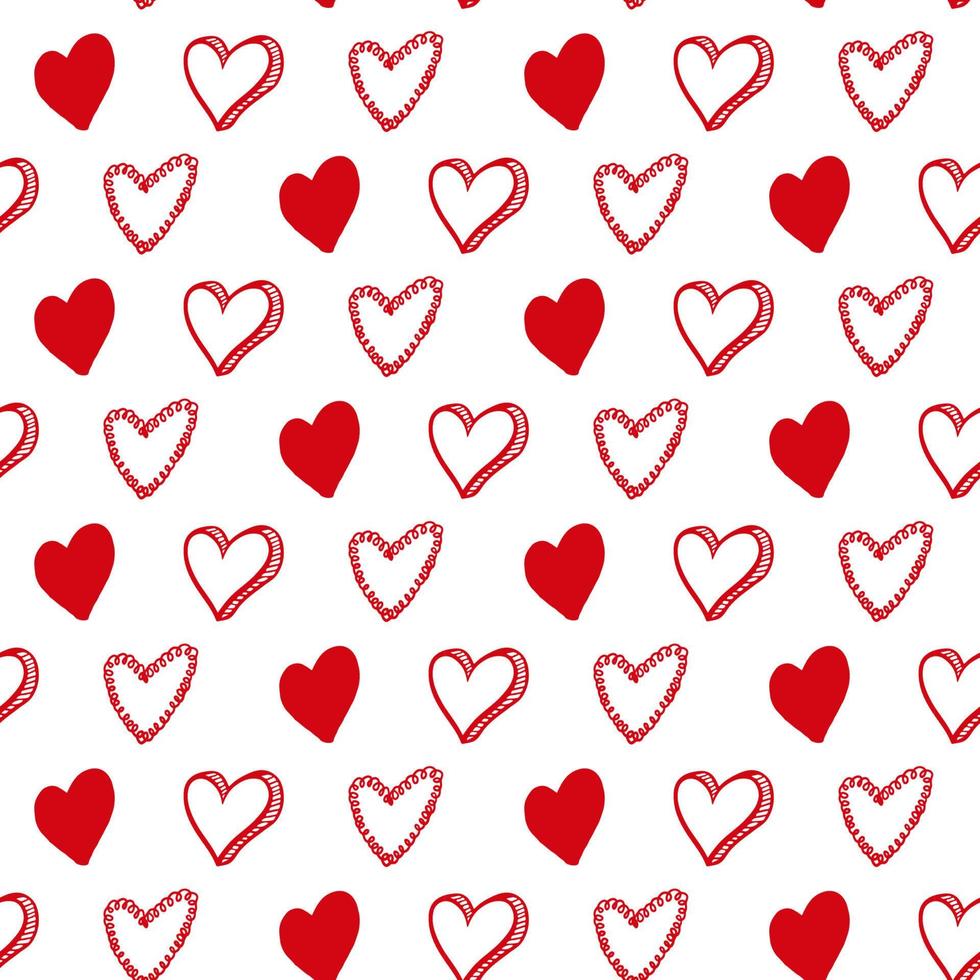 schattig hand getekend Valentijnsdag harten naadloze patroon. decoratieve doodle liefde hart vorm in schets stijl. Krabbel inkt harten icoon voor bruiloft ontwerp, verpakking, sierlijke en wenskaarten. romantisch vector