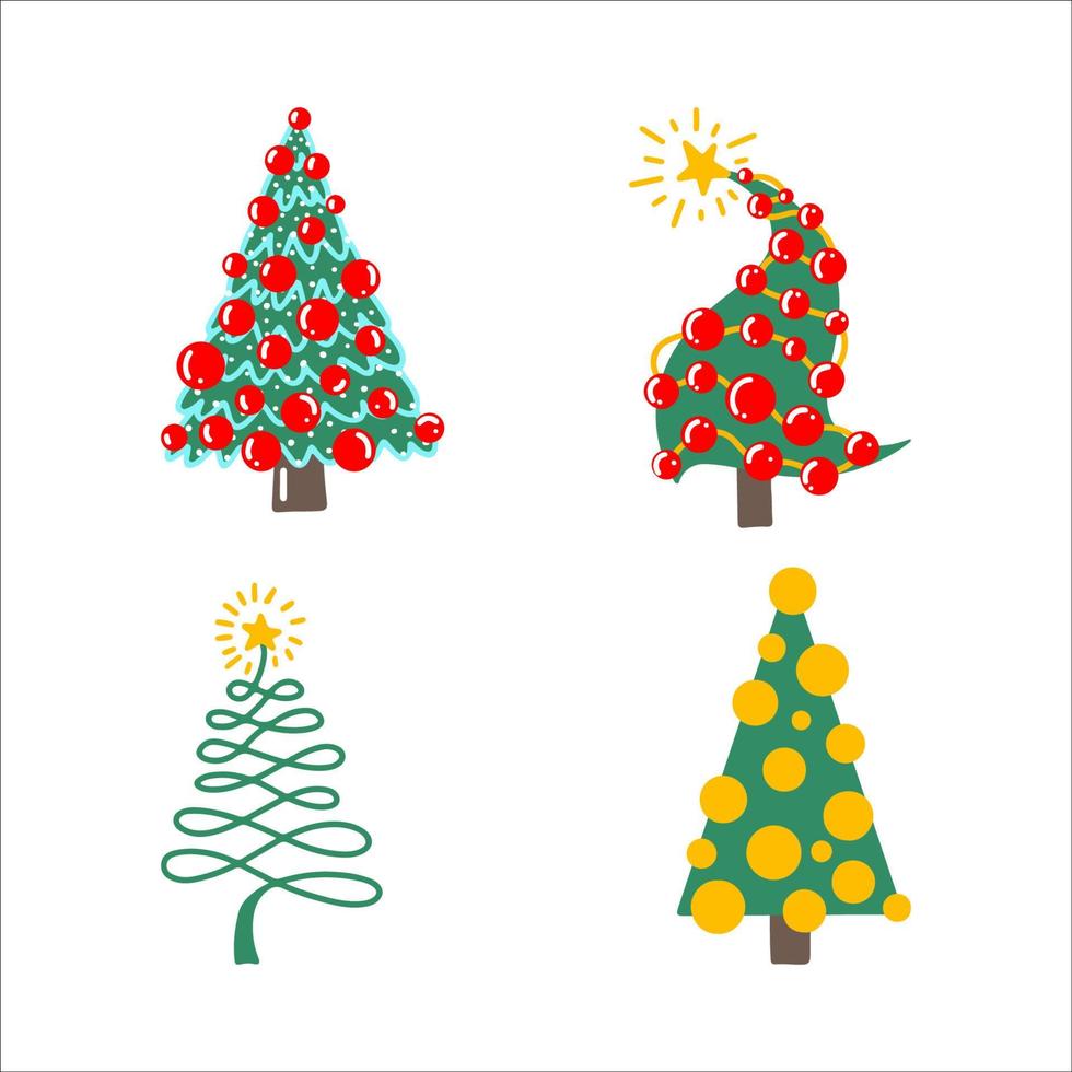 vector set doodle kerstbomen. hand tekenen winter achtergrond met fir tree, kerst ornamenten, sterren en sneeuwvlokken. gelukkig nieuwjaar vakantie poster met kerst symbolen. geïsoleerd op wit.