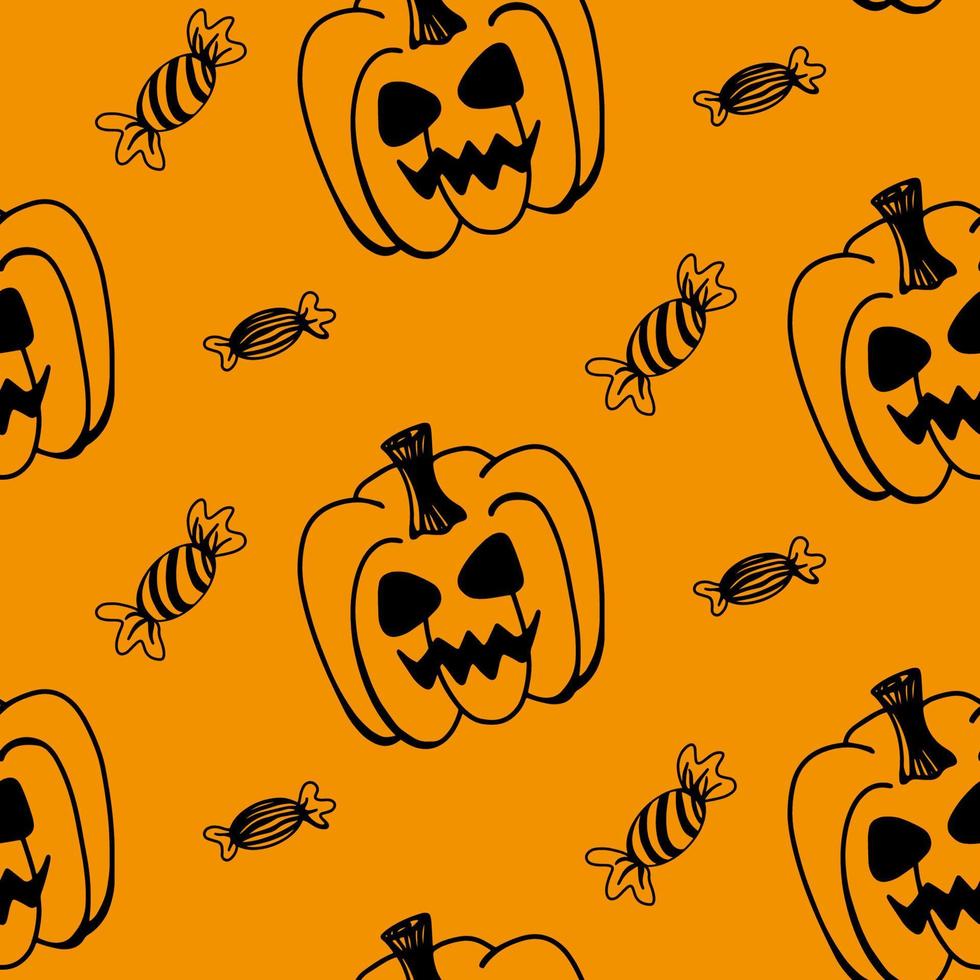 vector halloween naadloze patroon van pompoen, snoep op de oranje achtergrond. leuke illustratie voor seizoensgebonden ontwerp, textiel, decoratie kinderspeelkamer of wenskaart. handgetekende prints en doodle.