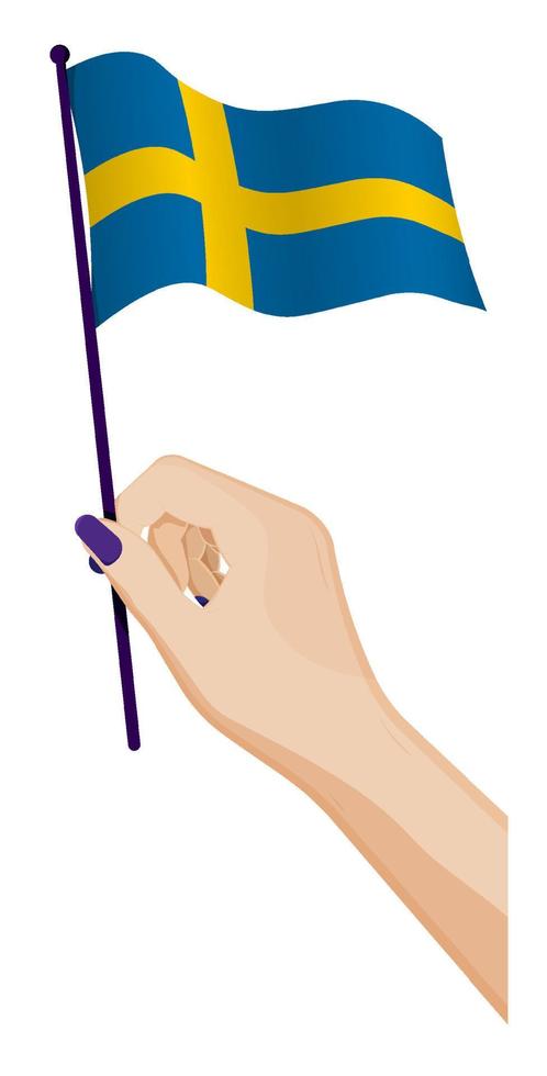 vrouw hand- voorzichtig houdt klein Zweden vlag. vakantie ontwerp element. tekenfilm vector Aan wit achtergrond