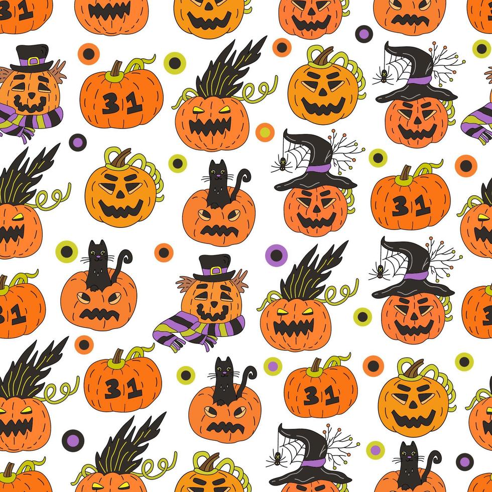 halloween naadloos patroon met jack O lantaarns pompoenen Aan wit achtergrond. hand- getrokken vector kleurrijk illustratie in tekening stijl