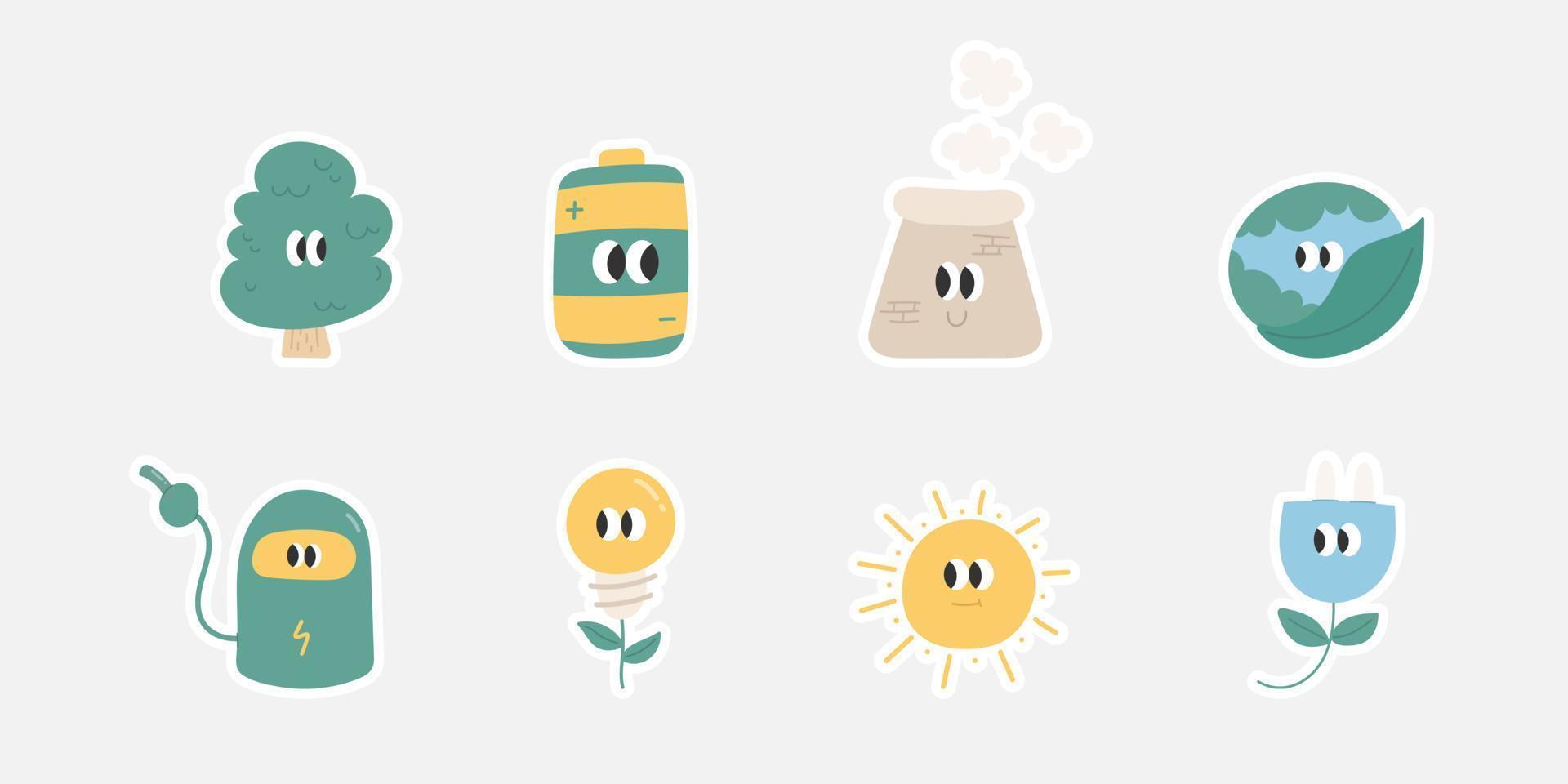 ecologie tekenfilm doodles set. schattig tekenfilm doodles sticker ontwerp. vector illustratie.