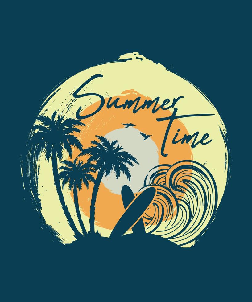 zomer tijd retro palm strand surfen bord t-shirt ontwerp vector