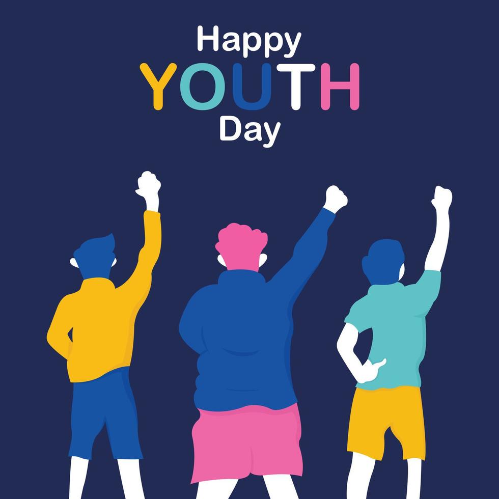 illustratie vector grafisch van drie jongeren zijn verhogen hun handen omhoog, perfect voor Internationale jeugd dag, vieren, groet kaart, enz.