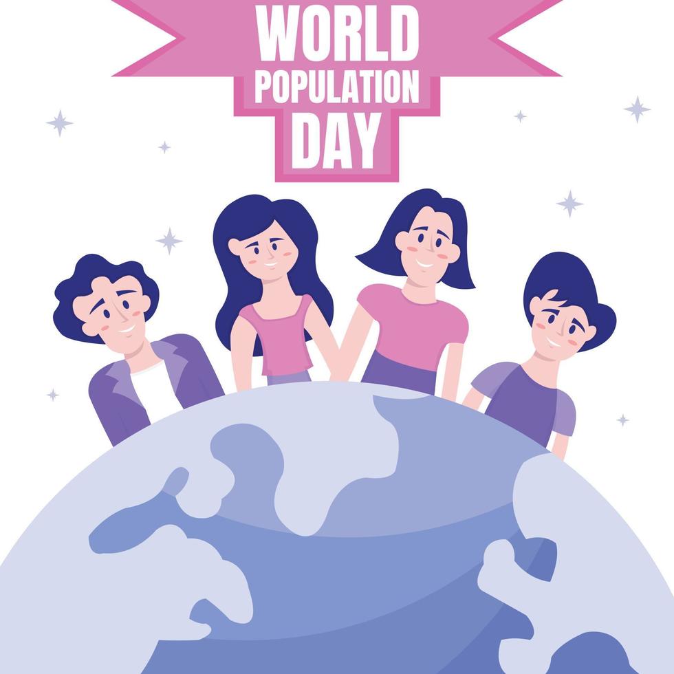 illustratie vector grafisch van vier mensen bekleed omhoog achter de aarde, perfect voor wereld bevolking dag, vieren, groet kaart, enz.