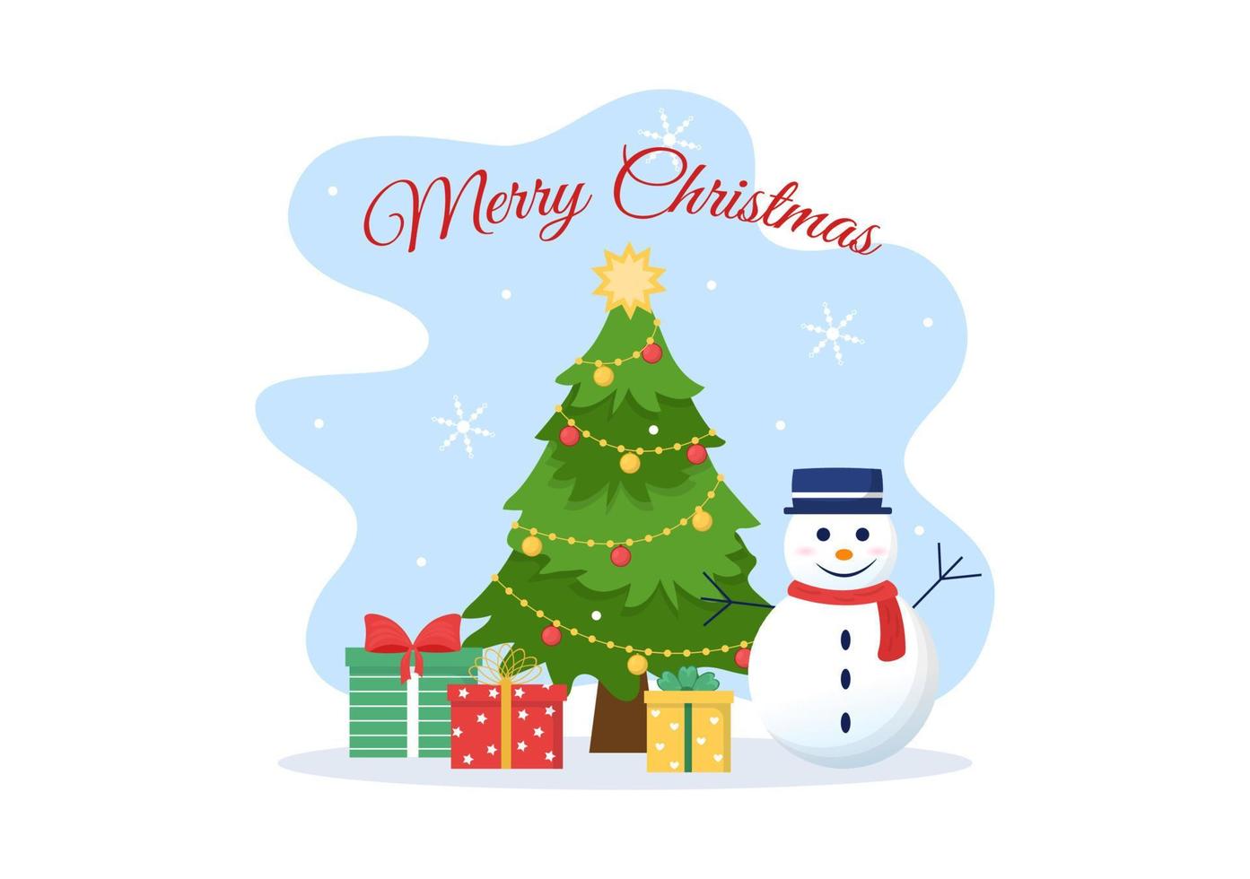 vrolijk Kerstmis en gelukkig nieuw jaar sjabloon hand- getrokken tekenfilm achtergrond illustratie met sneeuwvlokken, sneeuwman, boom, geschenk en winter landschap vector