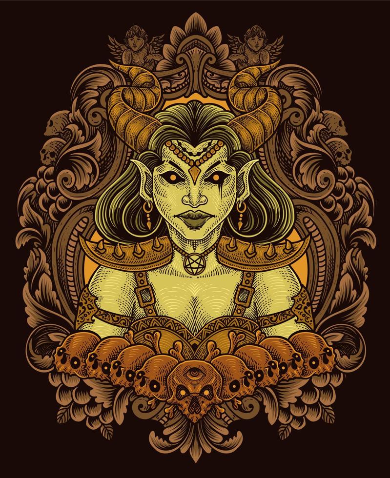 illustratie demon meisje met schedel antiek gravure stijl perfect voor t-shirt, capuchon, jasje, poster vector