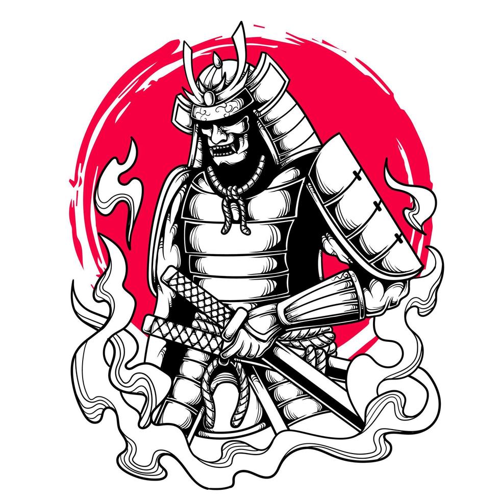 Japans samurai Holding katana zwart en wit artwork vector illustratie